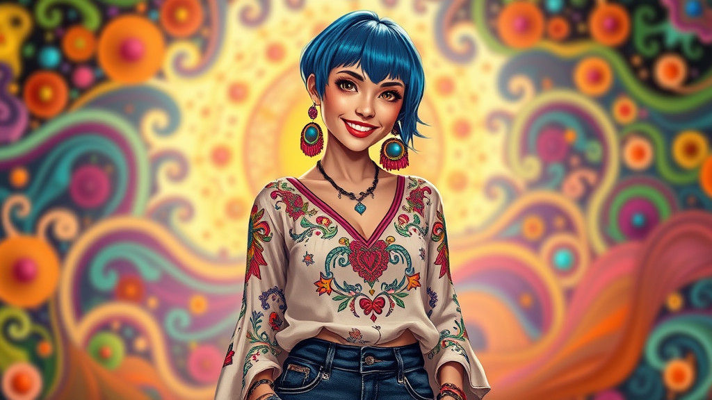 Tattooed Woman with Blue Hair in Dreamlike Fractal Scene