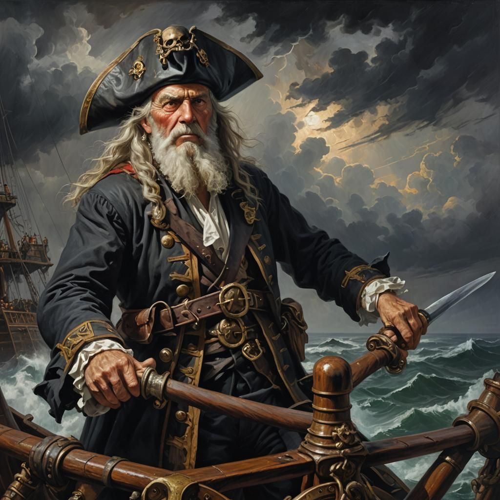 Fearsome Pirate Captain in Stormy Seas, Oil Painting