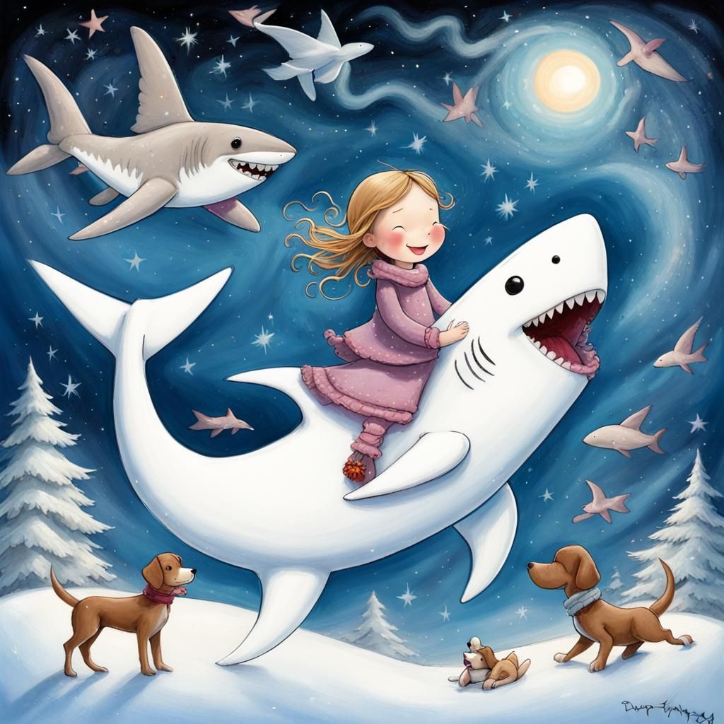 Whimsical Snowman-Shark Fantasy Dreamscape