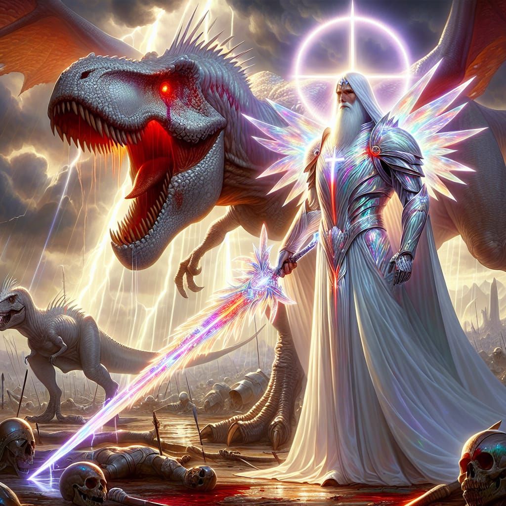 Divine Warrior and Dinosaur Overlook Battlefield in Dark Fan...