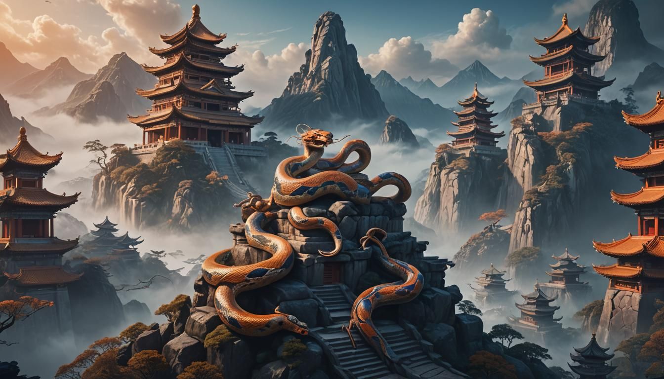 Mystical Snake on Mountain Temple in Fantasy Art