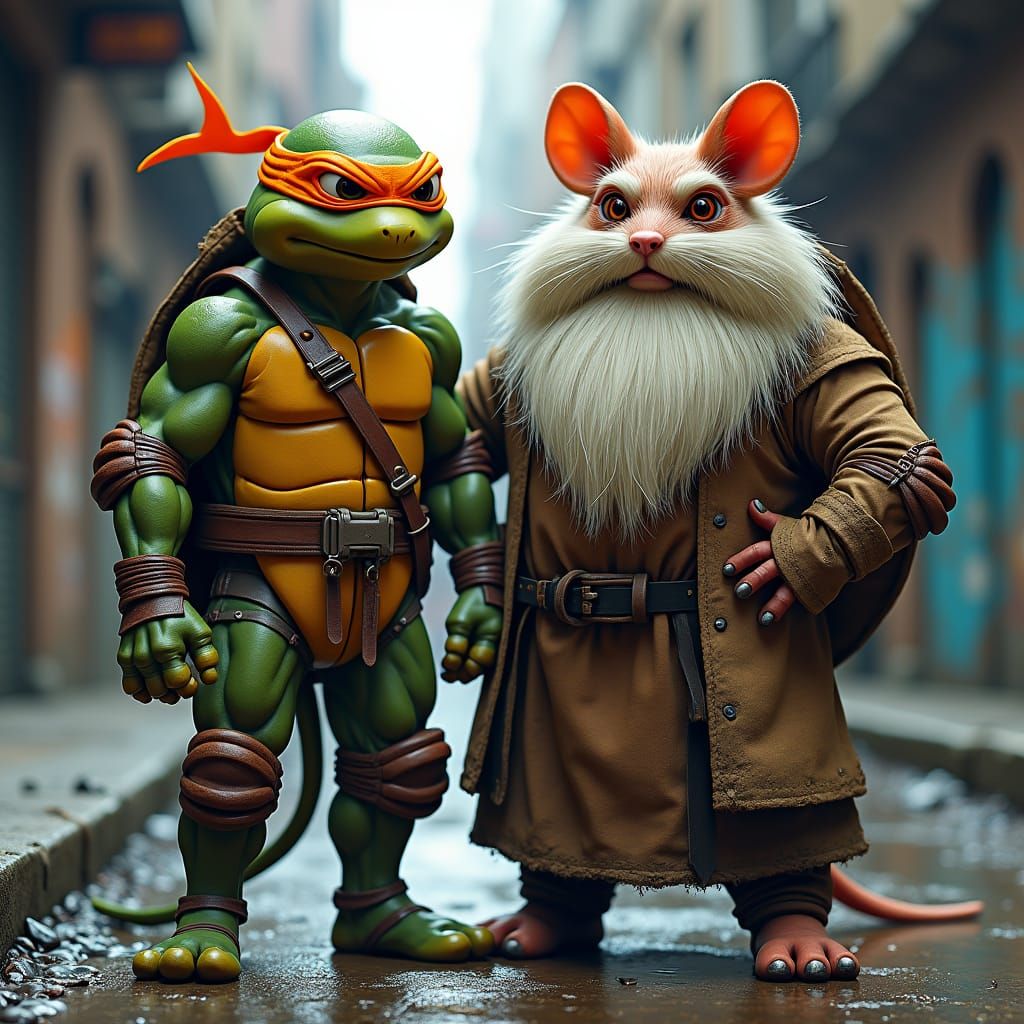 Heroic Ninja Turtle and Splinter in Urban Setting