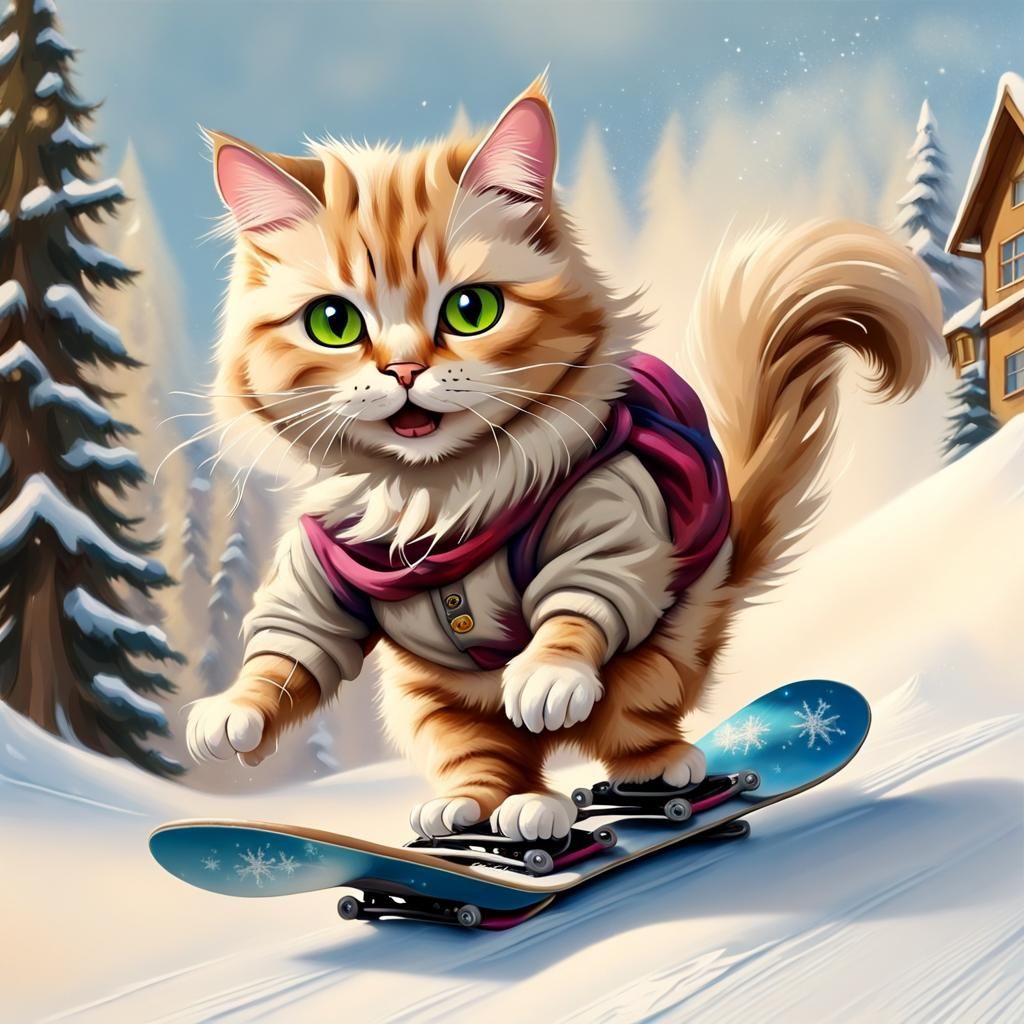 Cat Snowboarding in 3D Cartoon Christmas Style