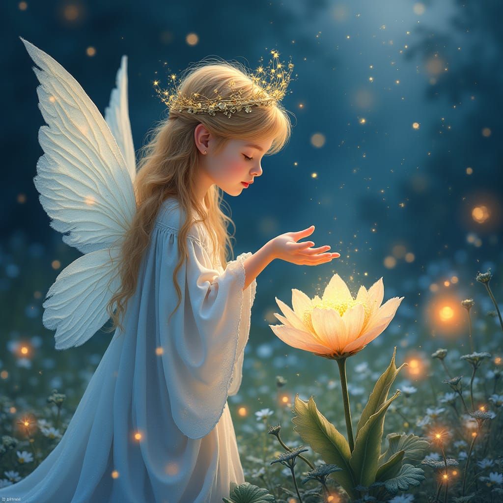 Celestial Being Touches Dewdrop on Mystical Flower in Waterc...