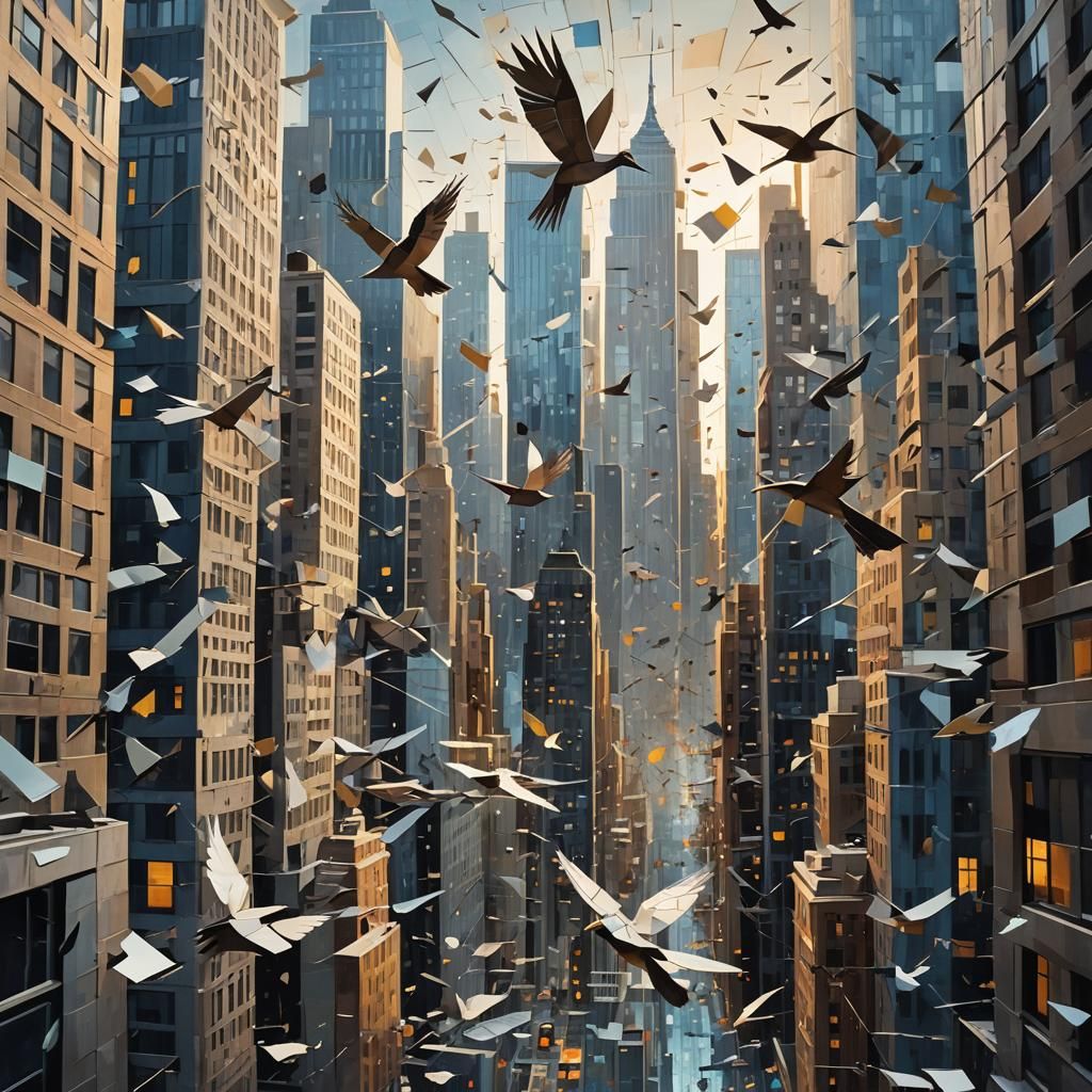 Cubist Cityscape with Paper Birds in Flight