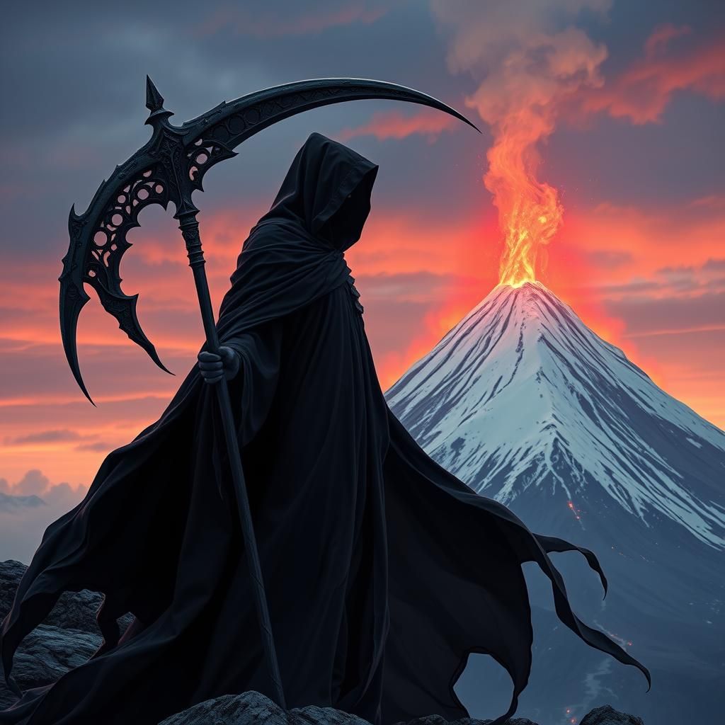Grim Reaper Woman on Volcano Peak