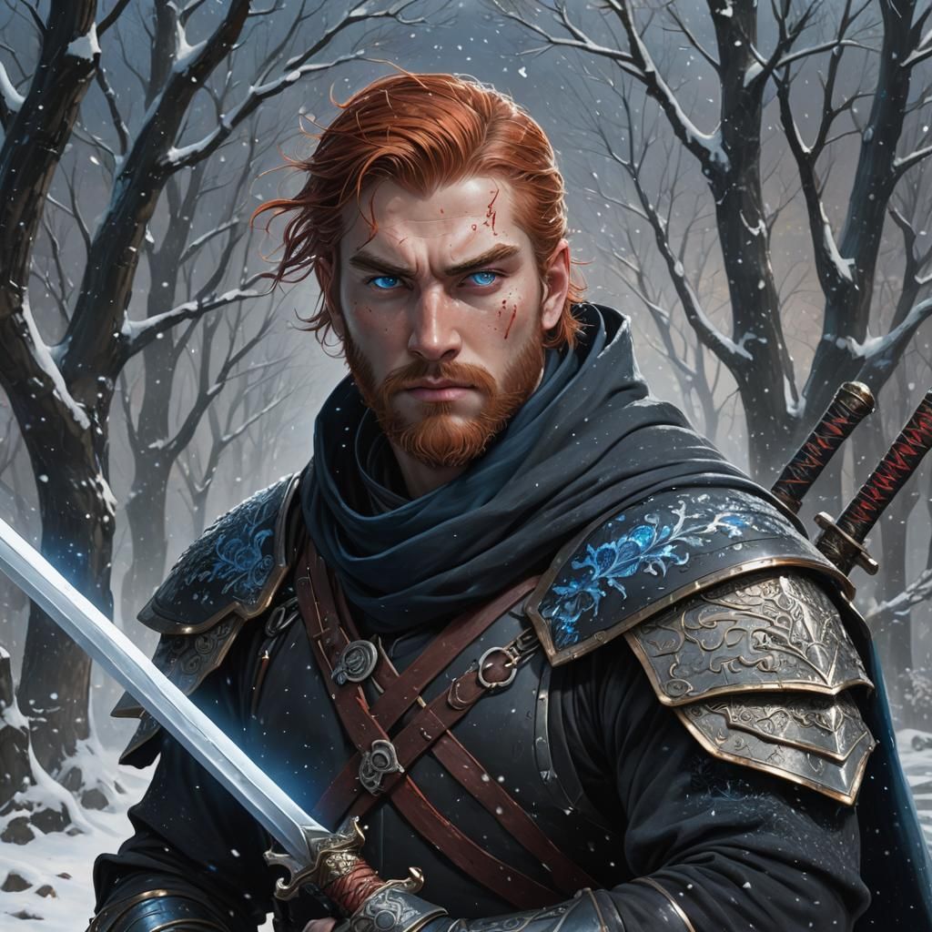 Fantasy Paladin in Snowy Mountains