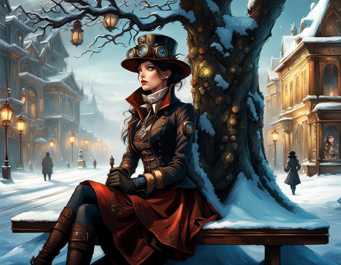 Steampunk Girl in Winter Wonderland