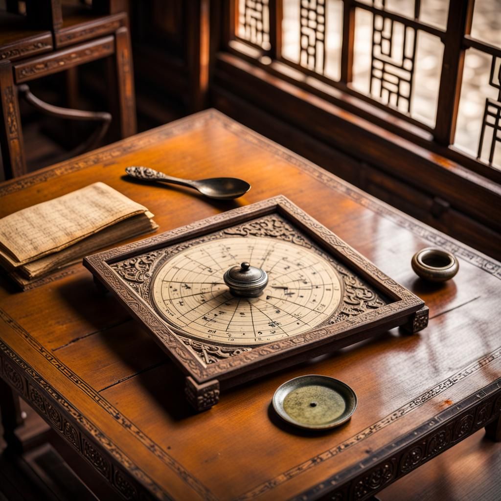 Ming Dynasty Chinese Spoon Compass on Ancient Manuscripts