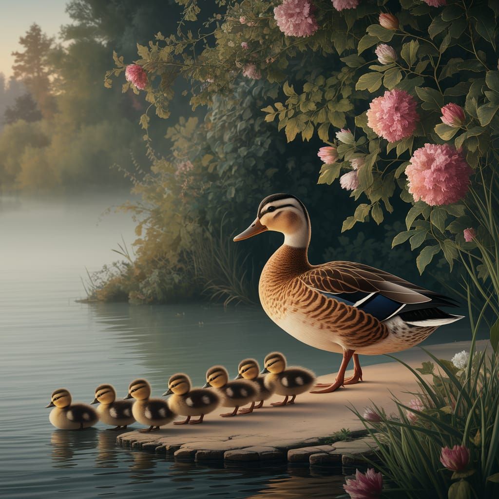 Mother Duck Wades Through Serene Misty Lake