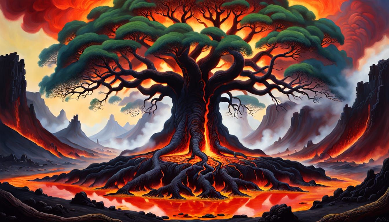 Tree of Life Growing from Volcanic Lava, Oil Painting