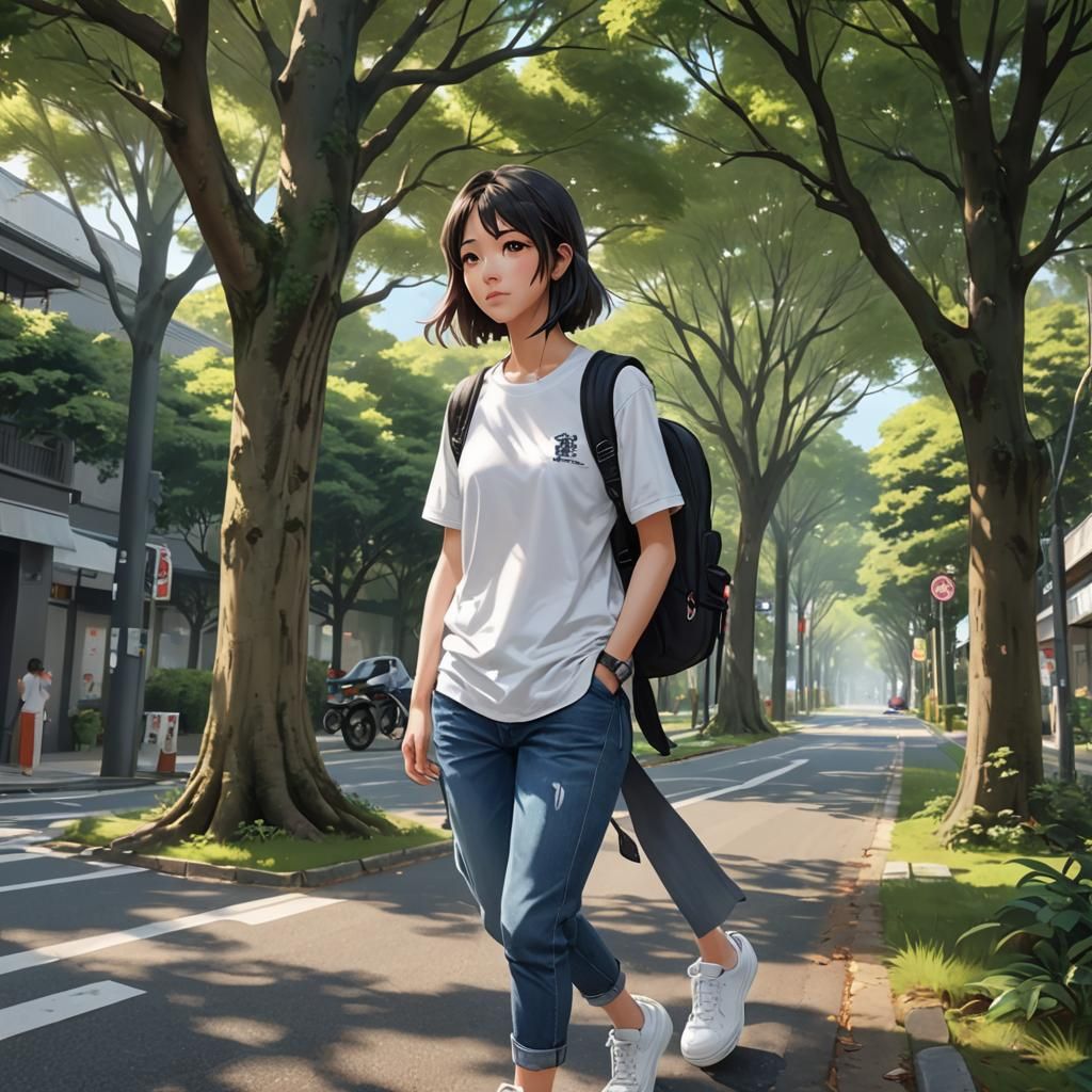 Anime Style Japanese Girl Walking on Tree-lined Road