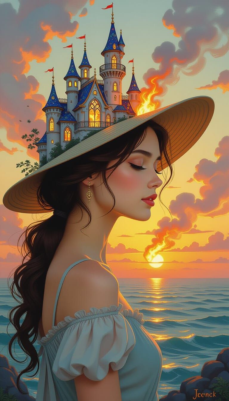 Woman with Castle Hat and Burning Harbor