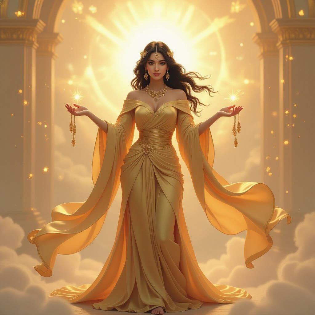 Goddess Fortune Blesses Humanity in Dreamy Digital Art