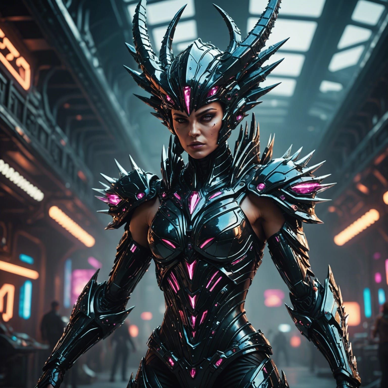 Spiny Bejeweled Alien Queen in Retro-Futuristic Darkscape