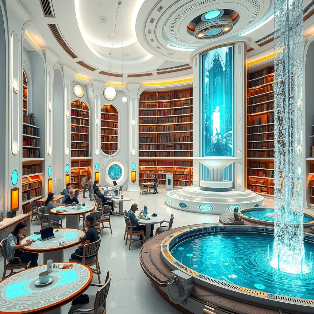 Futuristic Library Oasis with Cozy Cafe and Majestic Water F...