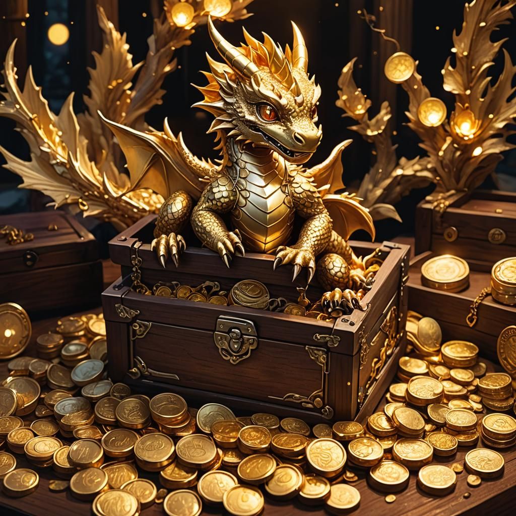 Baby Dragon in Gold, Manga-Style Anime Art