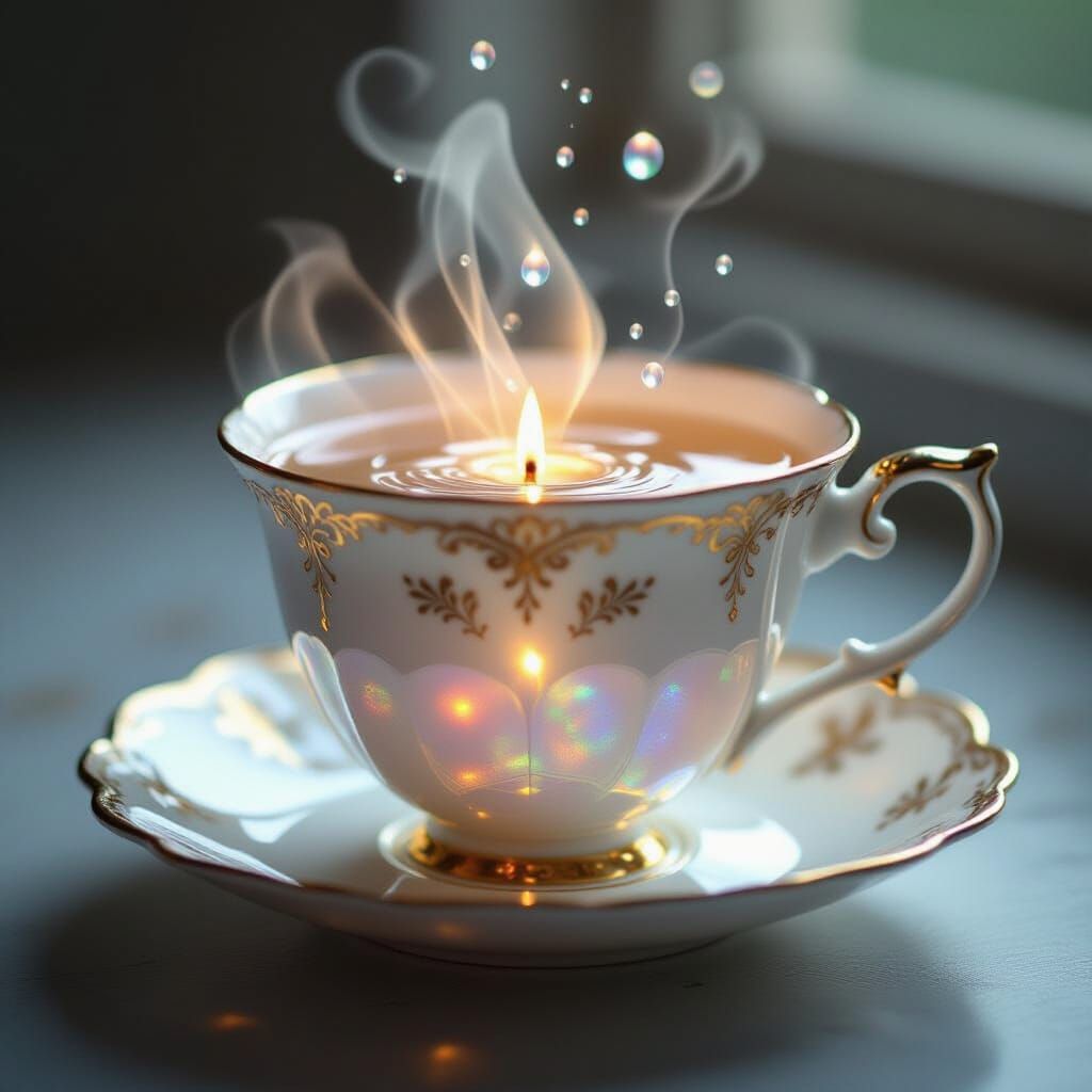 Ornate Teacup Filled With Shimmering Tears