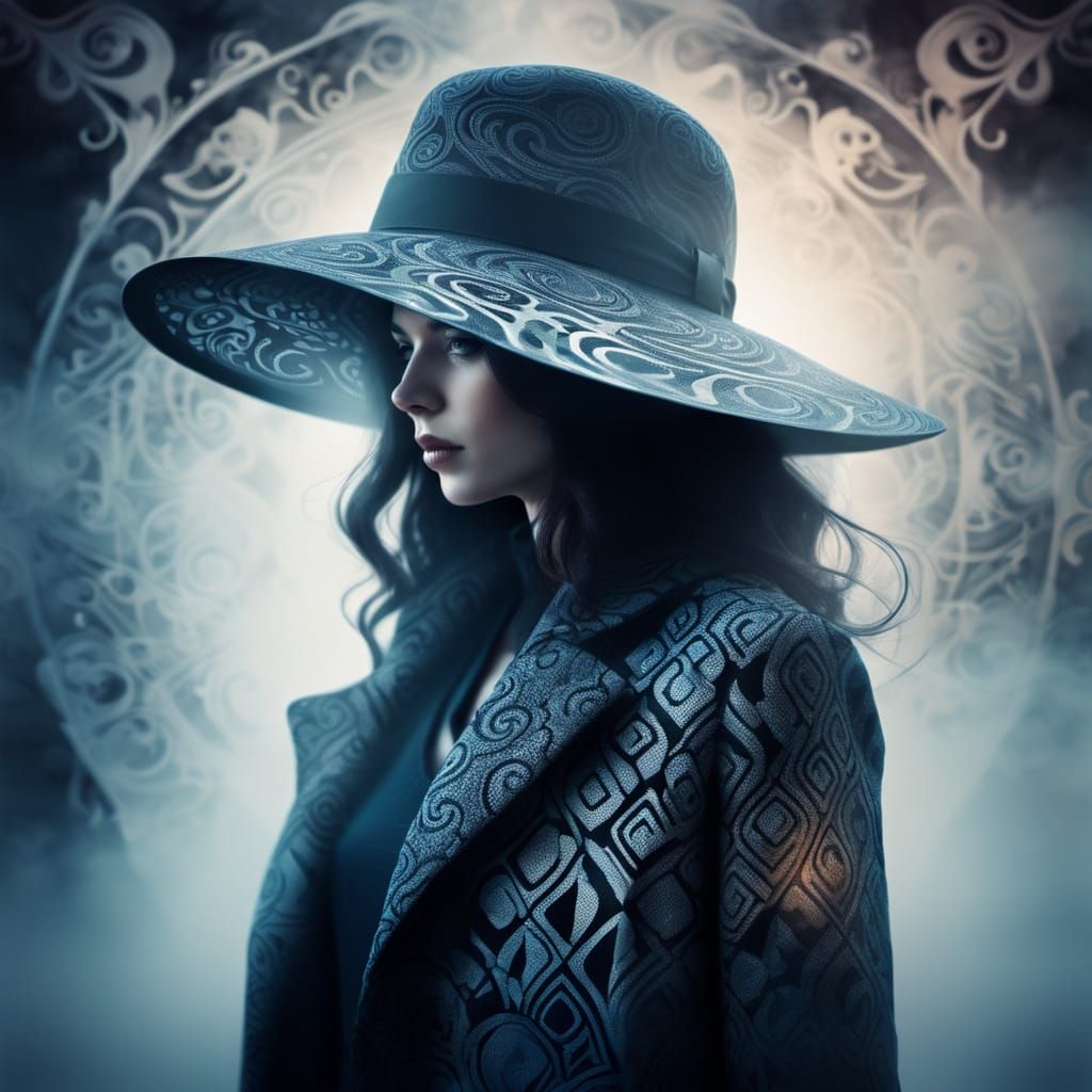 Mysterious Silhouette Woman with Hat, Surreal Mist