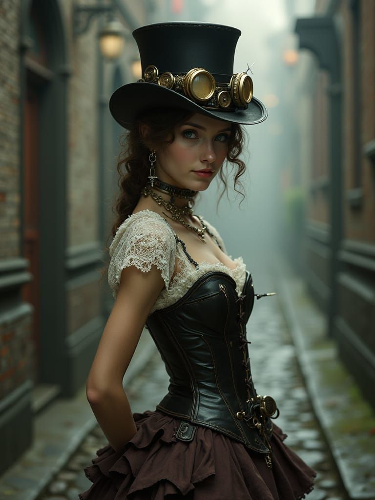 Victorian Cyberpunk Beauty in Mysterious Gaslit Alley