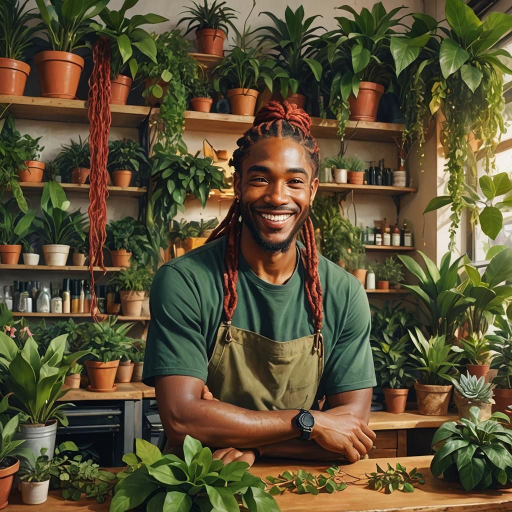 Smiling Man Surrounded by Plants in Vibrant Oil Painting