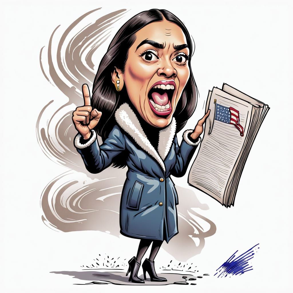 Cartoon AOC Shouts at the Constitution in a Winter Coat