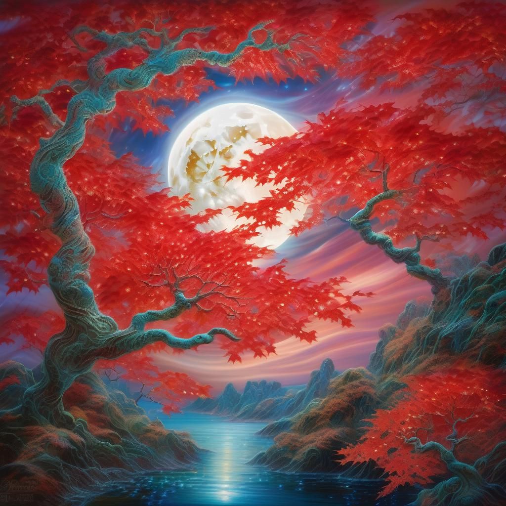 Surreal Dreamscape: Red Maple and Mother-of-Pearl Moon