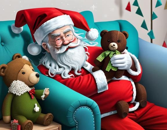 Santa and Child with Teddy Bear, Vibrant Cartoon