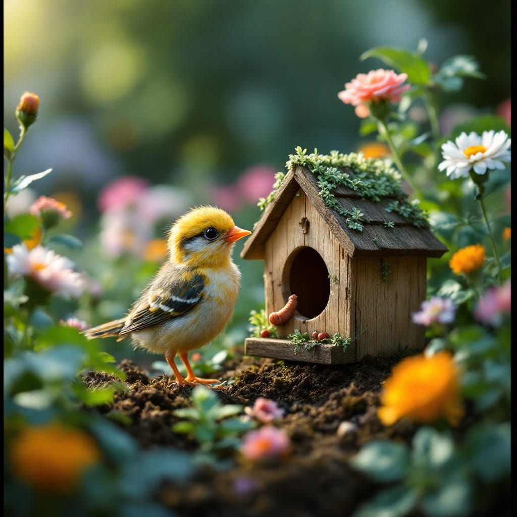 Baby Bird and Worm Build Birdhouse in Garden