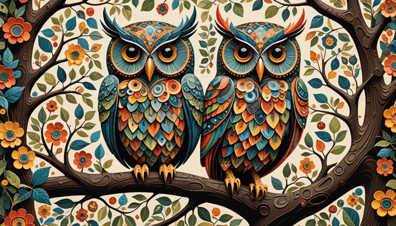 Whimsical Folk Art Owl in Tree with Bold Patterns