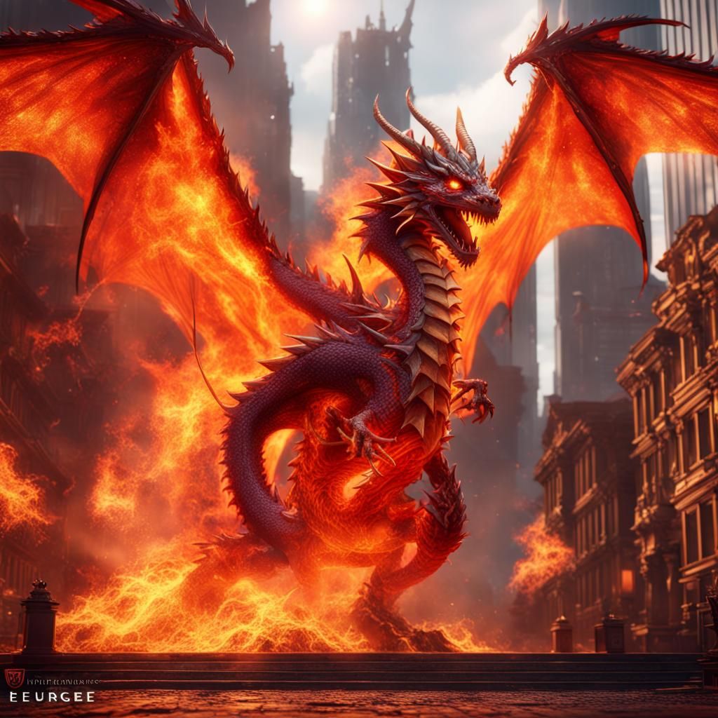 Fiery Dragon in Burning City: Fantasy Concept Art