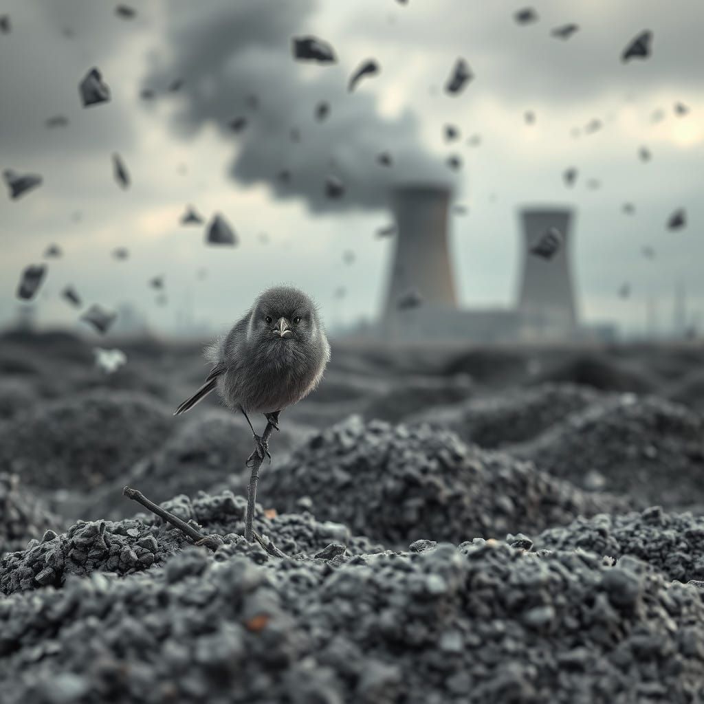 Ominous Gray Landscape with a Frightened Bird