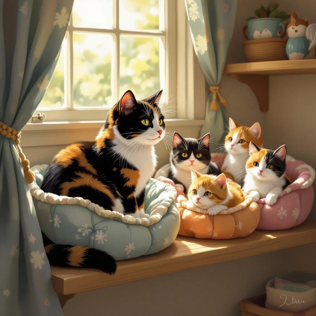 Tortoiseshell Cat With Companions In Cozy Beds