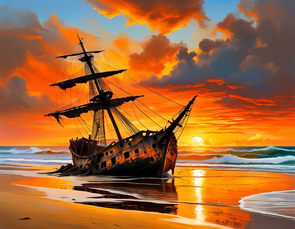 Pirate Shipwreck at Sunset in Maritime Painting Style