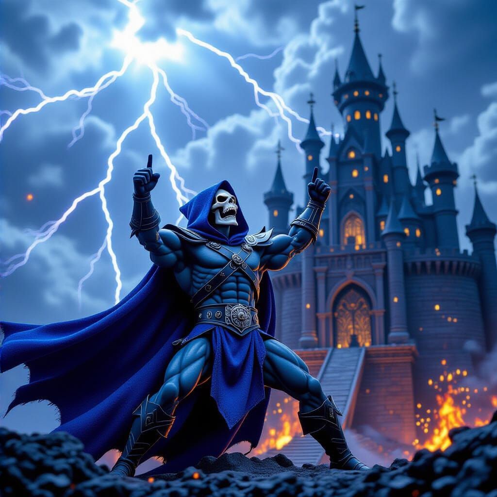 Skeletor Laughing in Stormy Castle Background