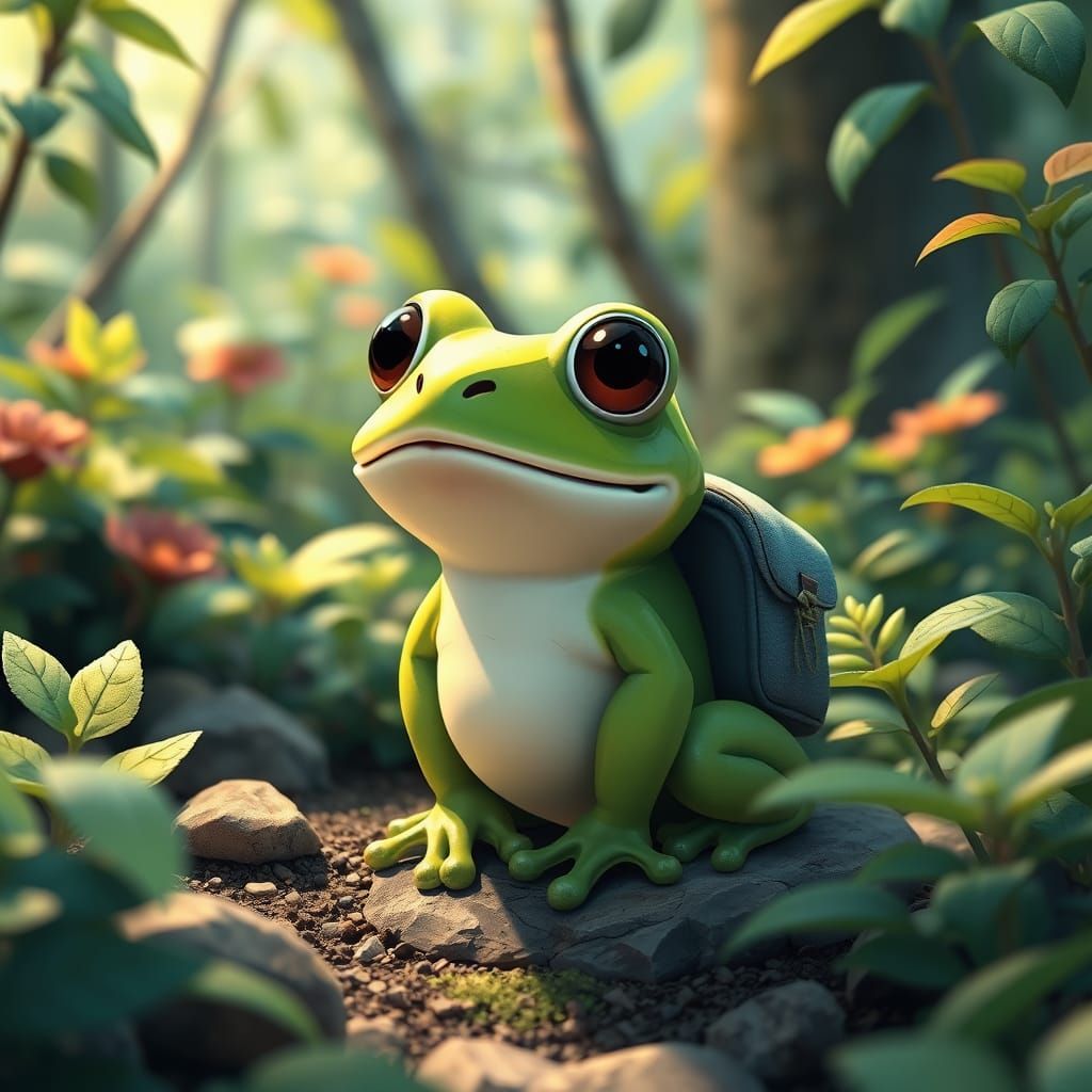 Whimsical Frog in Studio Ghibli Style Anime Landscape