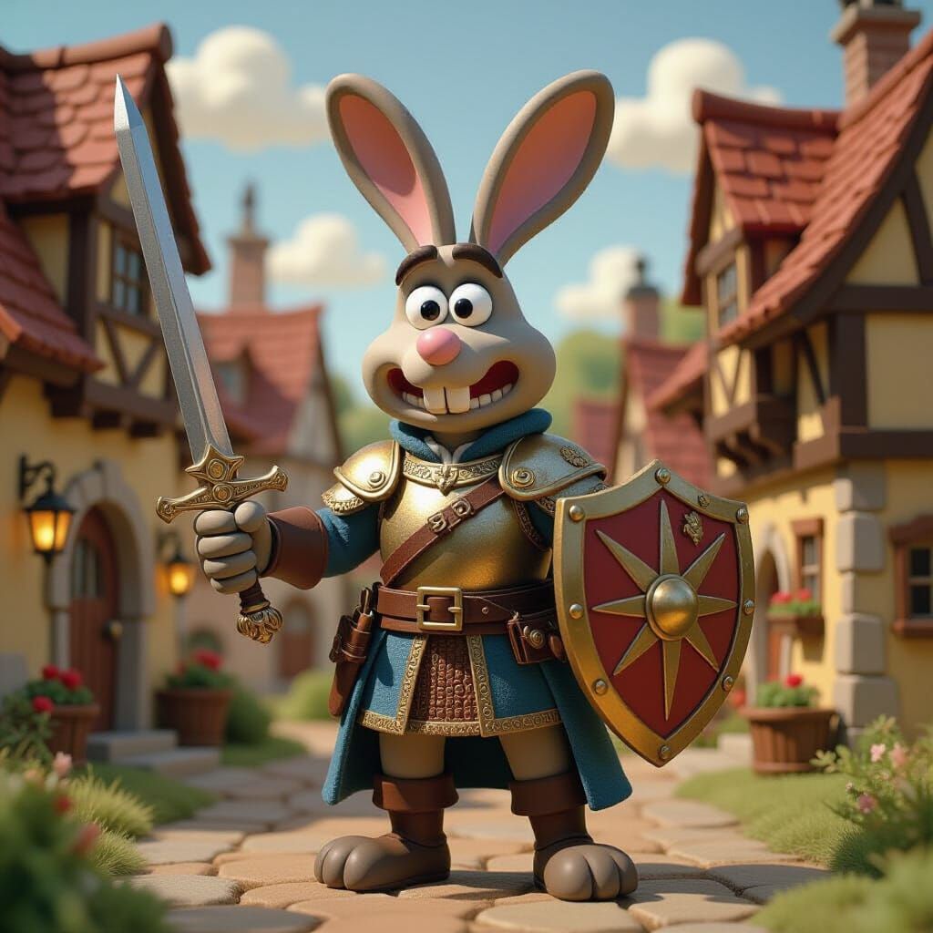 Claymation Rabbit Cavalier in Medieval Village