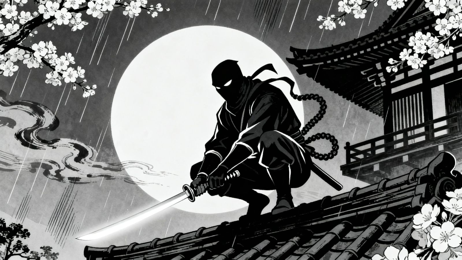 Masked Ninja on Temple Rooftop in High-Contrast Noir Style