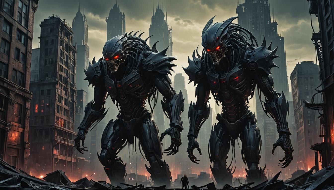 Gothic Predator in Ruined Cityscape