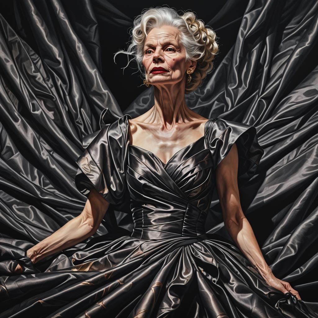 Hyperrealistic Woman in Spiral Dress, High Fashion Portrait