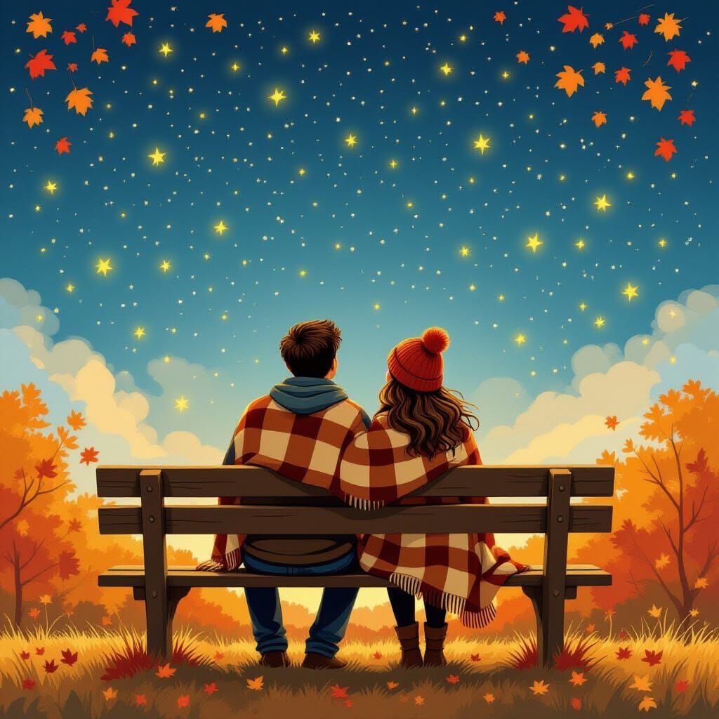 Couple Gazing at Starry Sky in Autumnal Hues