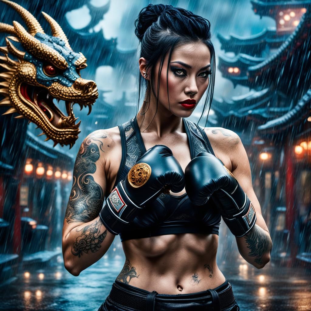 Boxing Woman with Dragon Tattoo in the Rain
