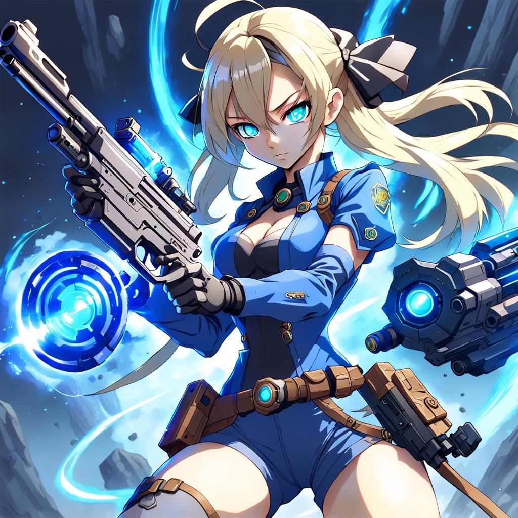 Anime Alien Gunslinger with Sapphire Skin and Blaster