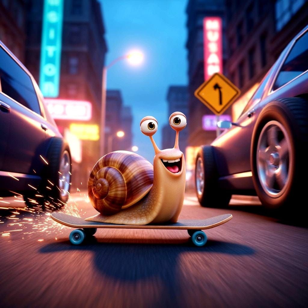 Pixar-Style Snail Skateboarder's Thrilling Ride