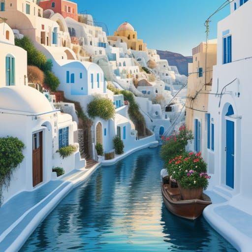 Santorini Sunset Over Aegean Sea in Watercolor