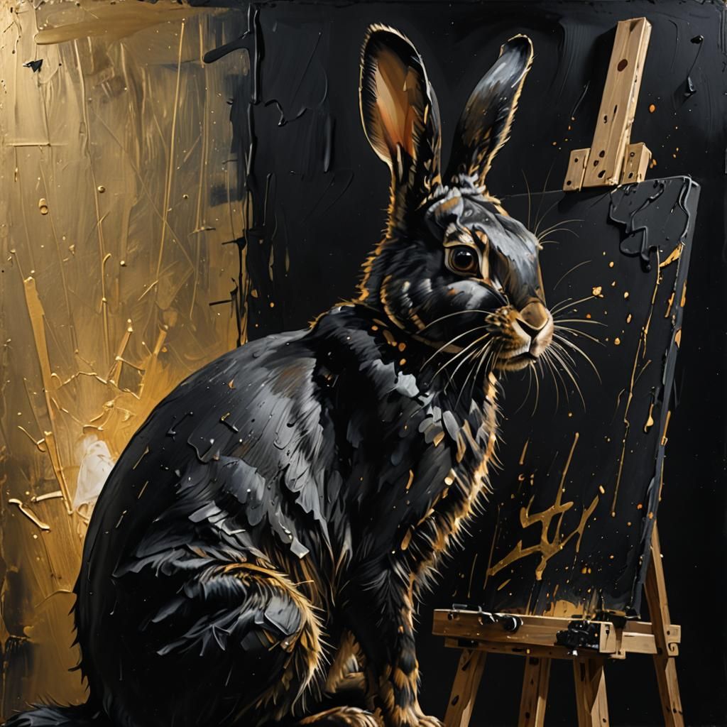 Black Bunny Painting with Golden Highlights