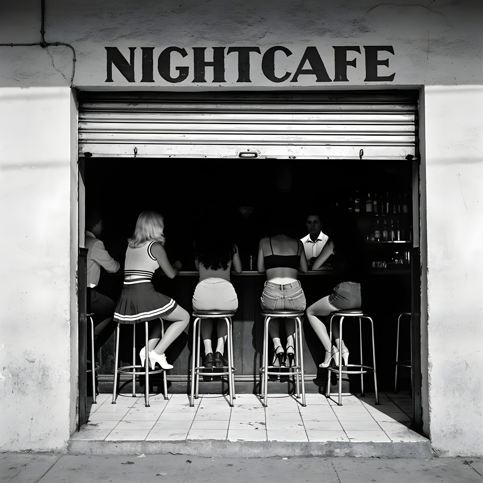 Black and White Bar Scene with Women Sharing Secrets