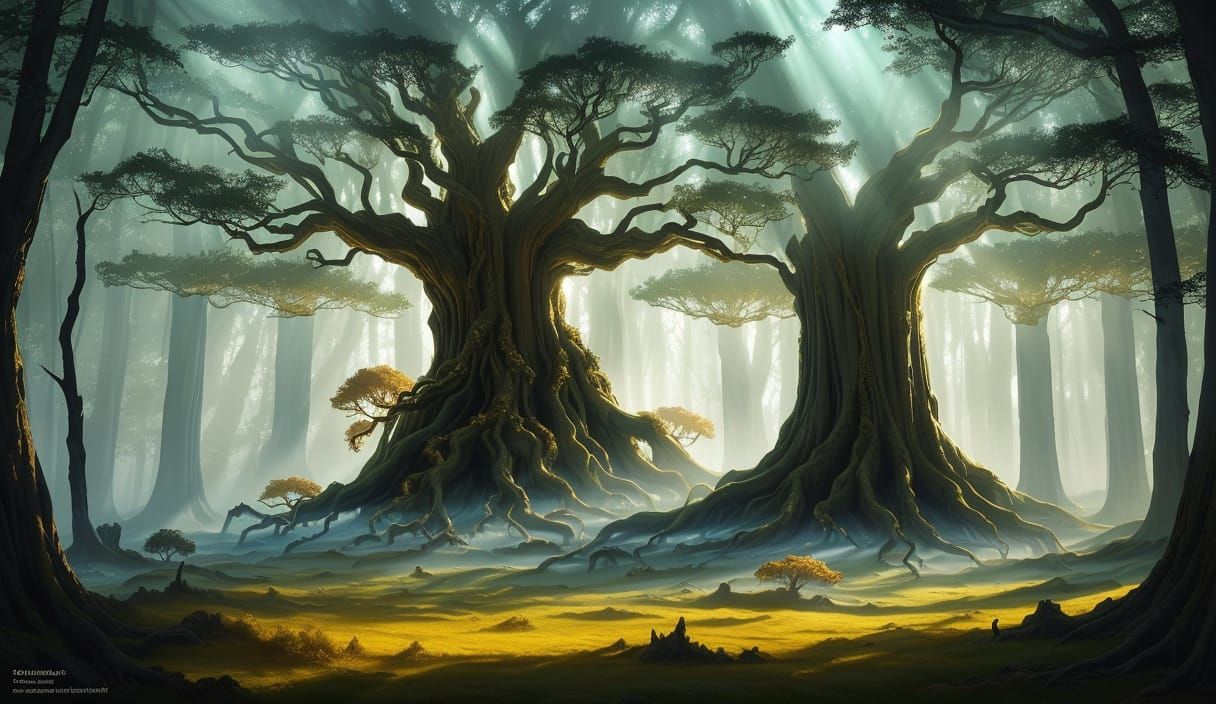 Majestic Ancient Oak with Molten Gold Roots in Enchanted For...