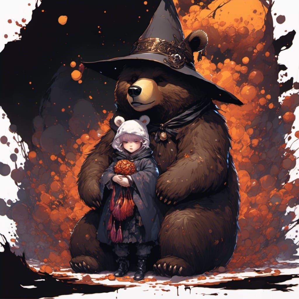 Chibi Witch with Obese Pet in Digital Painting Style