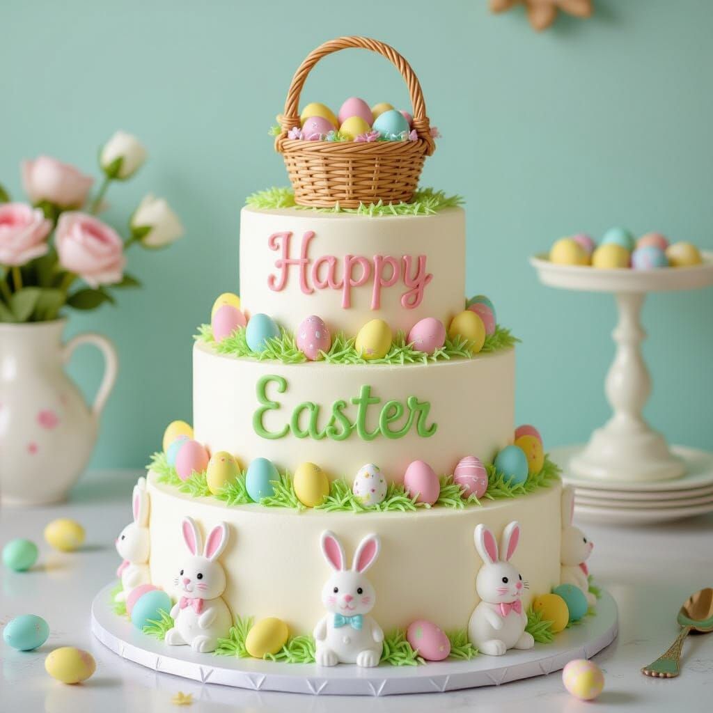 Whimsical Easter Cake with Bunnies and Baskets